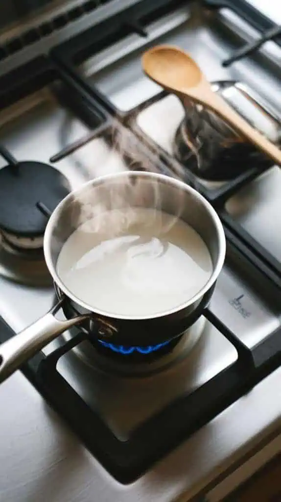 Small saucepan on a modern stainless steel gas stove gently heating milk