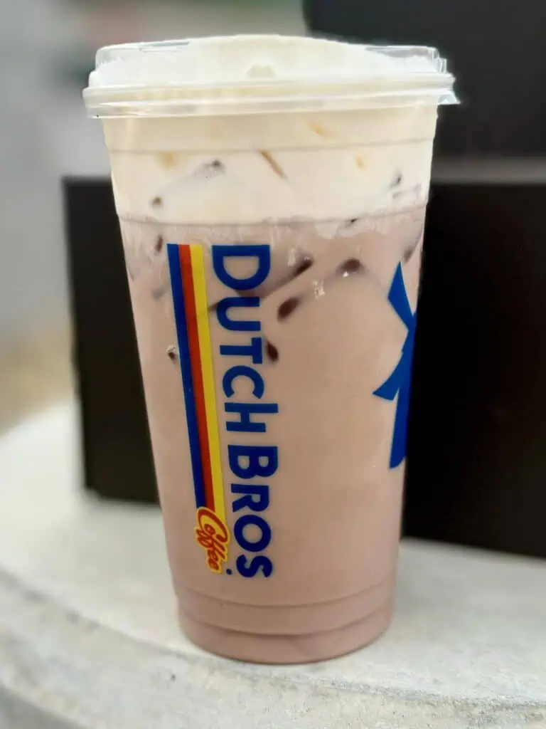 Iced white coffee mocha with salted caramel, banana, and cinnamon