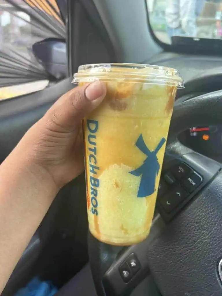 green apple smoothie with caramel drizzle