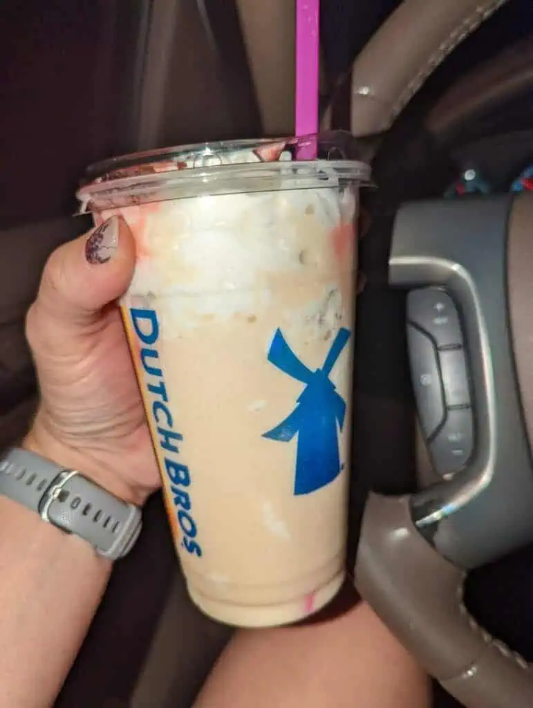 Cake batter frost, parfait style with strawberry drizzle