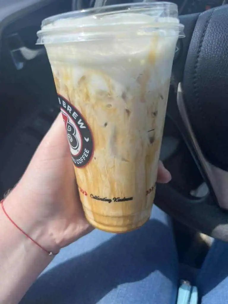 Cookies and cream blondie with caramel drizzle and cold foam