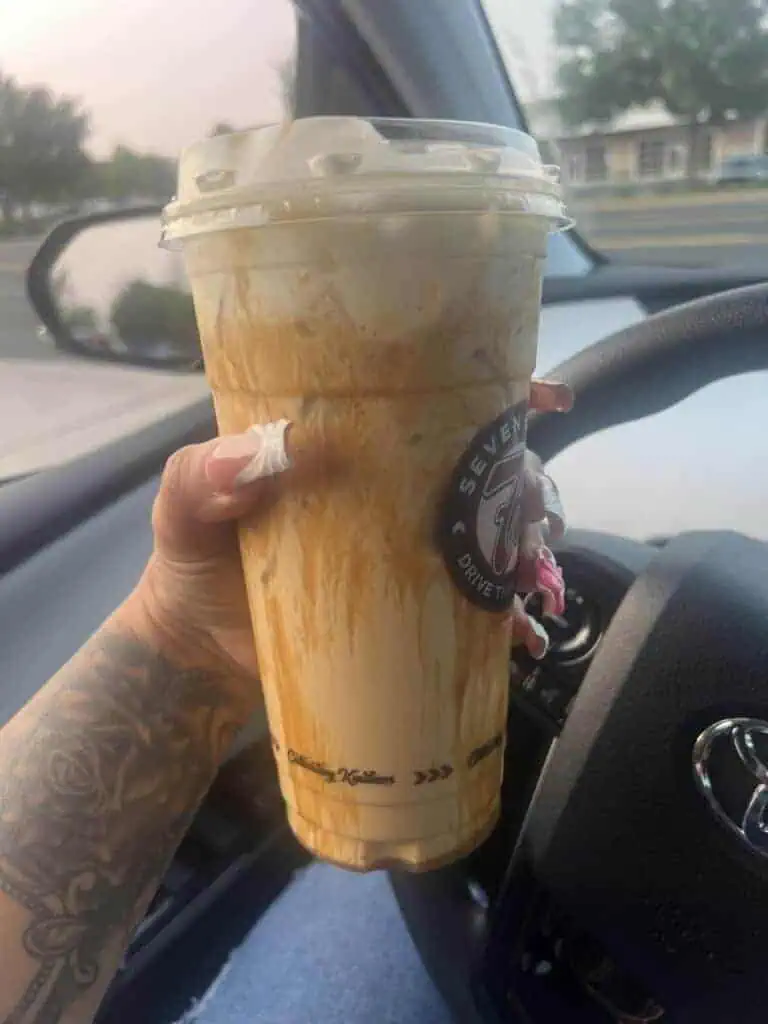 Iced banana bread blondie with caramel drizzle and cold foam