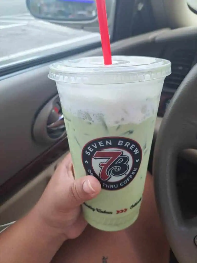 iced matcha with peach and cold foam