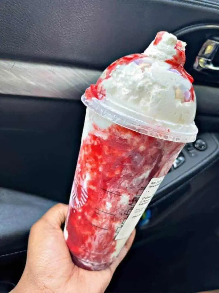 vanilla bean frapp, with white mocha, and add strawberry.