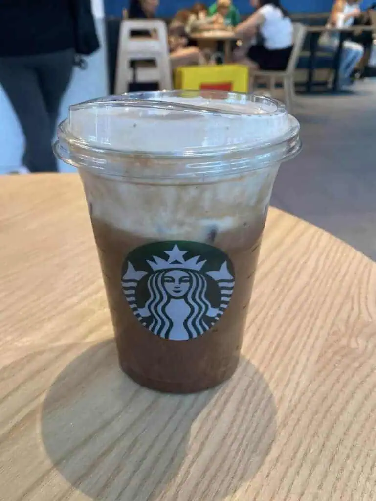 Almond milk iced mocha with strawberry cream cold foam