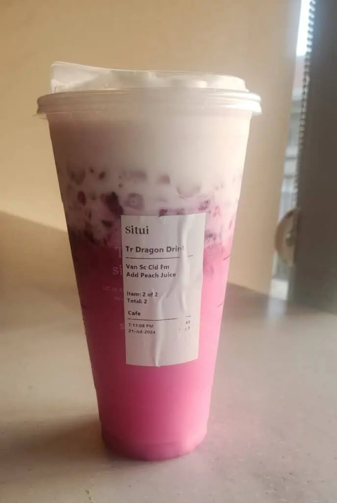 Dragon Drink add Peach Juice and Vanilla Cold Foam