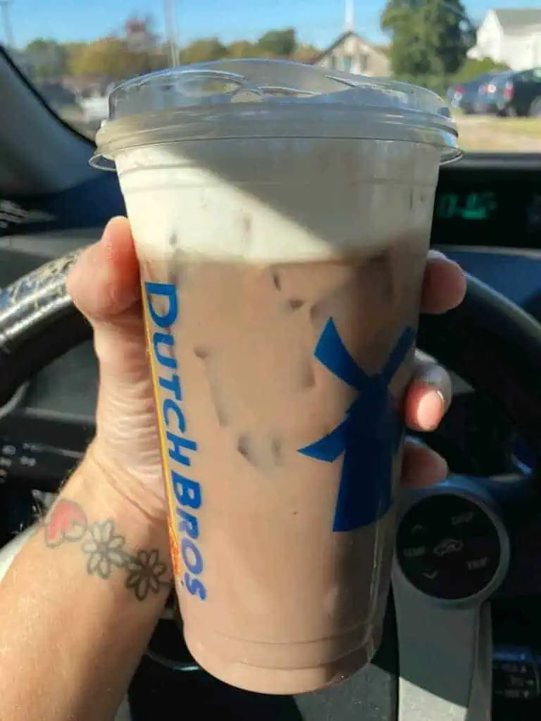 Iced Reese’s mocha with white coffee, extra sweet with soft top