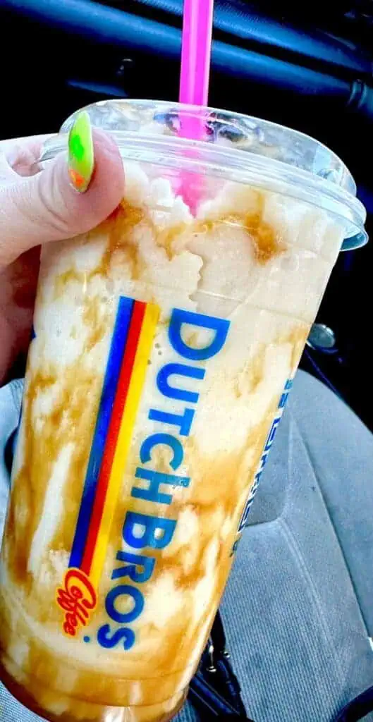 Medium golden eagle double blended with white coffee, almond milk, green apple, and extra extra drizzle