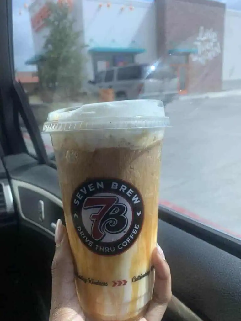 Medium iced funnel cake macchiato with extra caramel drizzle and sweet cream cold foam