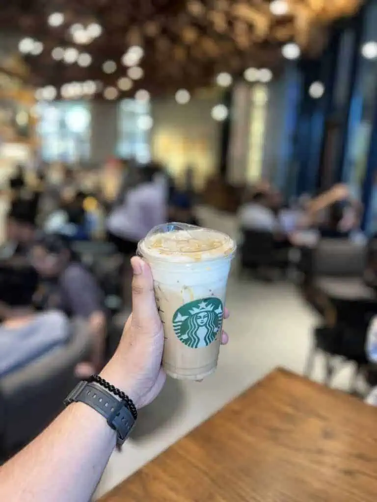 White chocolate mocha with caramel drizzle extra vanilla cold cream cold foam