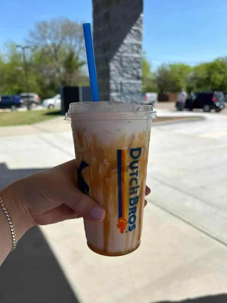 white coffee breve, strawberry, banana, coconut , caramel drizzle
