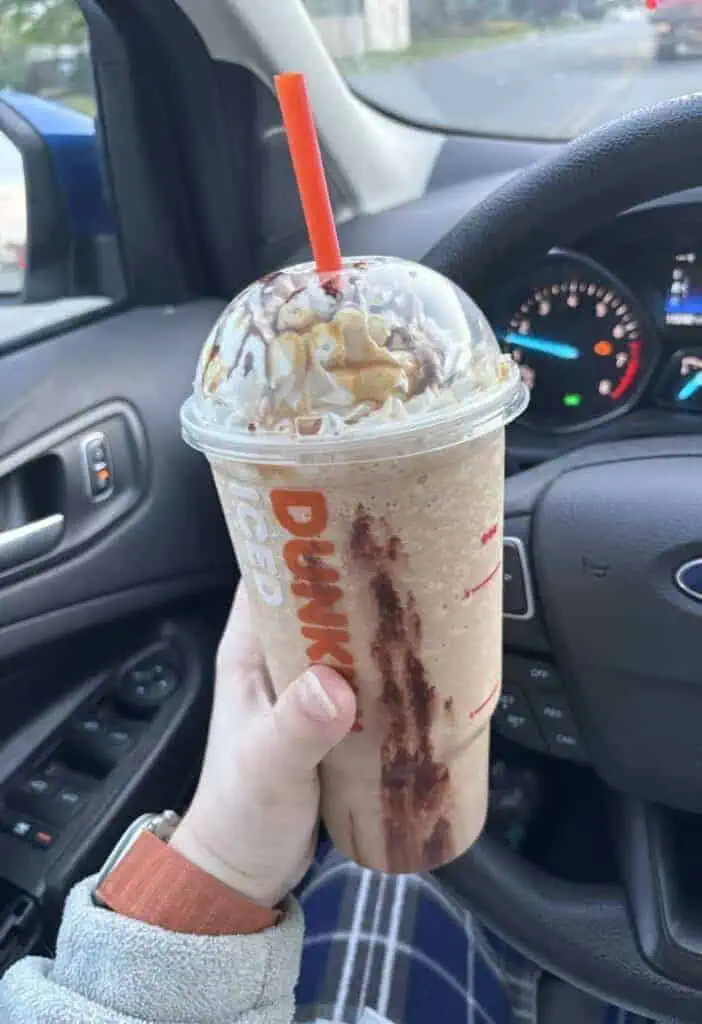 Large Frozen Coffee, add whipped cream, 3 pumps caramel, and 1 pumps mocha