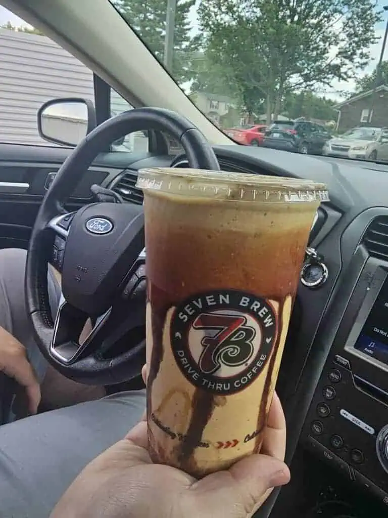 Large Vanilla shake with 6 shots of espresso & caramel and chocolate drizzle!
