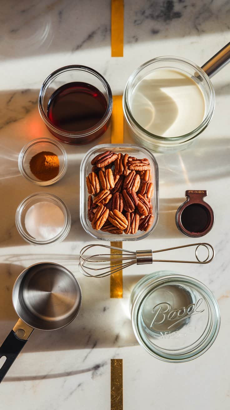 A flat lay of maple pecan the ingredients stored in clear containers