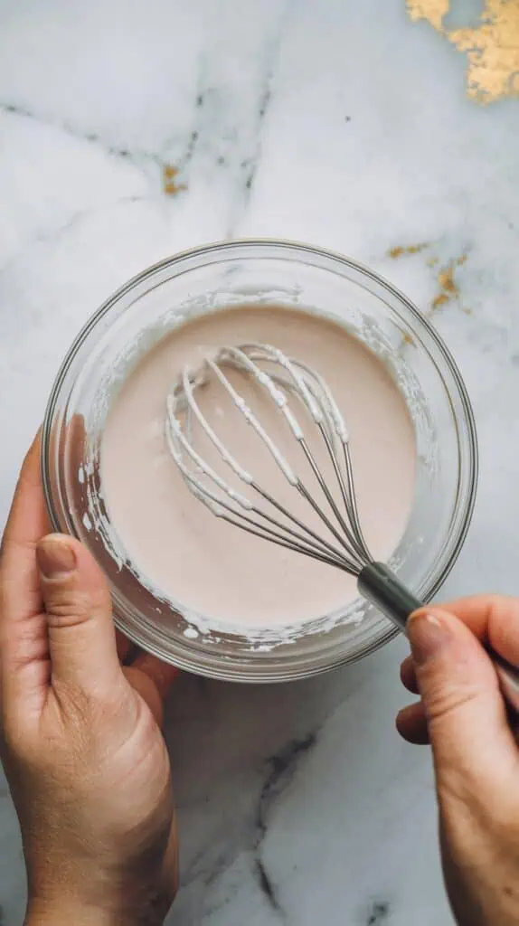 a bowl of glaze being whisked with a spoon