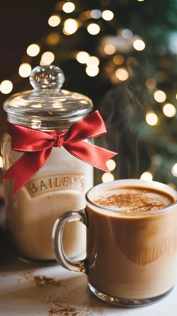 a glass jar filled with smooth, frothy, light caramel-colored homemade Bailey’s coffee creamer