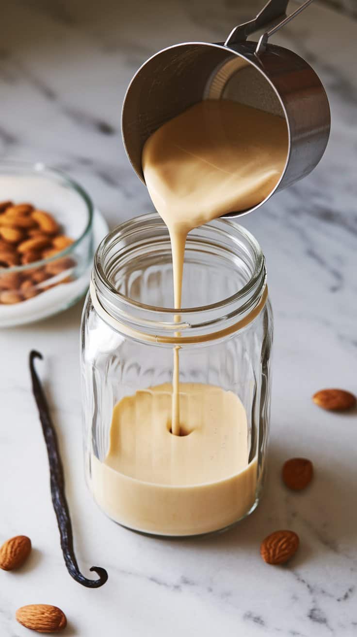 A clear, tall glass jar on a white marble counter being filled with French Vanilla Almond Creamer