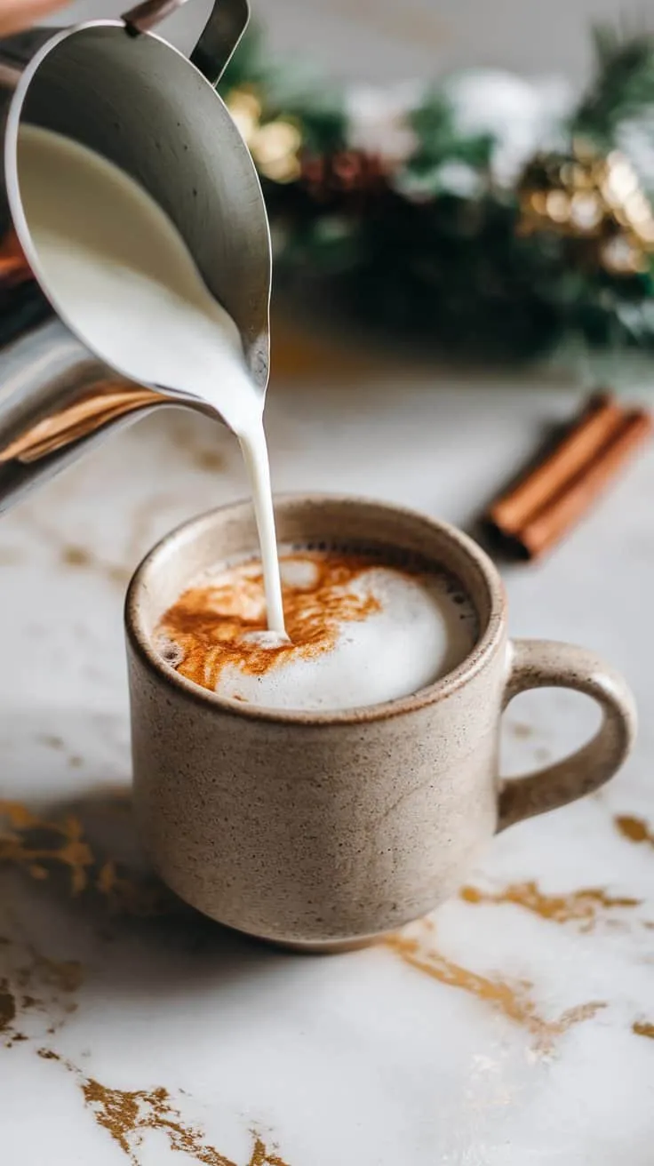 A cozy mug being filled with frothy milk over a spiced espresso base