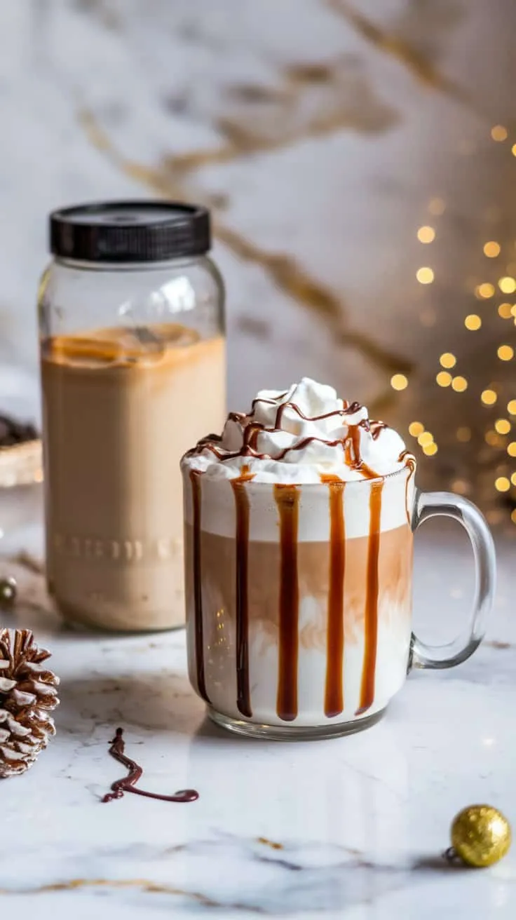 festive mug of coffee with whipped cream and a drizzle of chocolate syrup, next to a clear tall jar of homemade Bailey coffee creamer