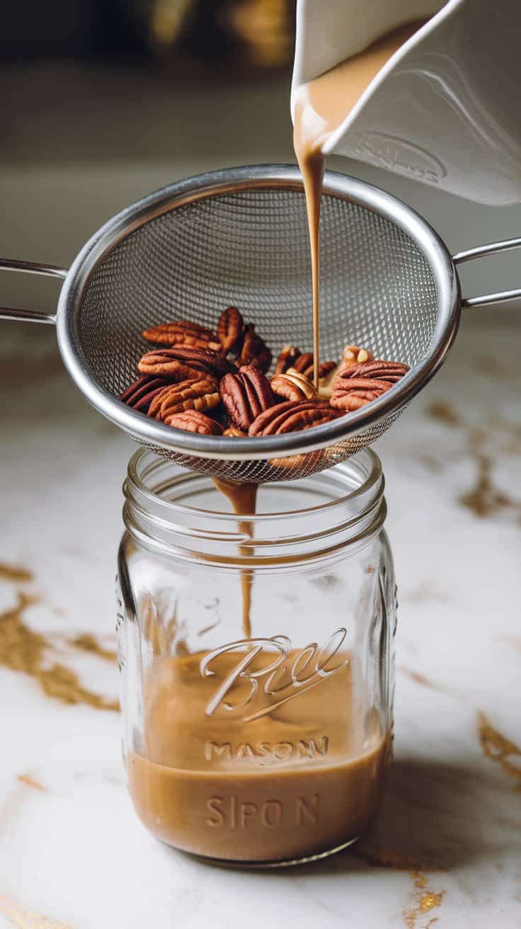 fine-mesh sieve placed over a mason jar, with the liquid pecan and heavy cream, milk, maple syrup, vanilla extract, and cinnamon mixture being poured through