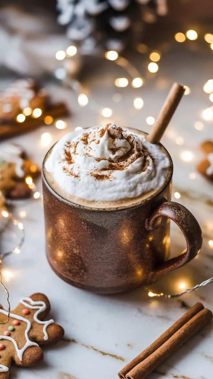 A finished gingerbread latte in a rustic mug topped with fluffy whipped cream, cinnamon, and cardamom