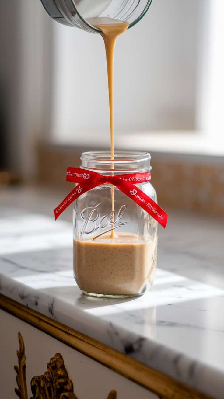 A glass mason jar being filled with the creamy mixture of blended coconut milk, almond milk, almond butter, vanilla extract, almond extract, monk fruit sweetener, and cinnamon