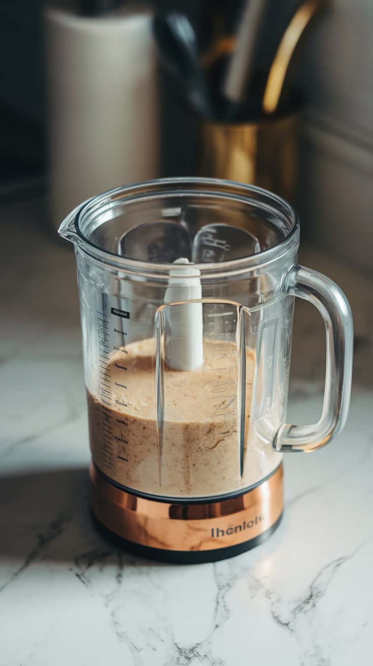 high-speed blender jar filled with creamy coconut almond mixture being blended