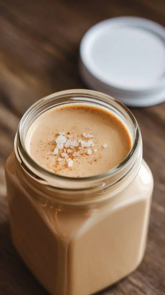 a jar of creamy, frothy Salted Caramel Coffee Creamer with salt on top