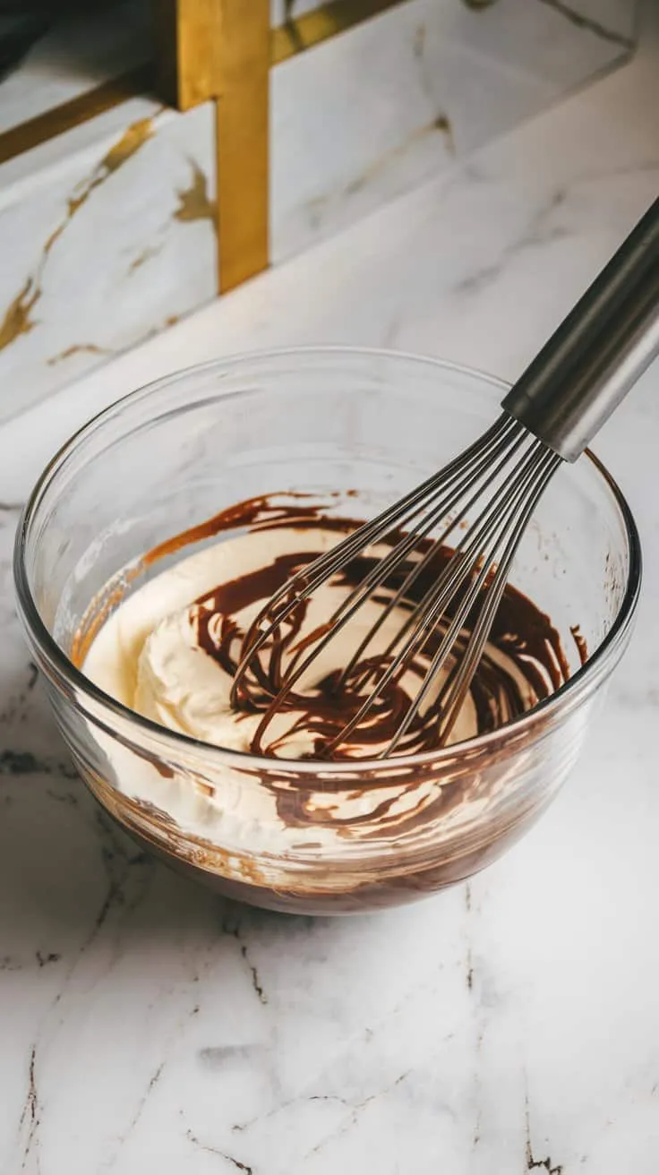 large glass mixing bowl with cream, chocolate syrup, and other ingredients being whisked together