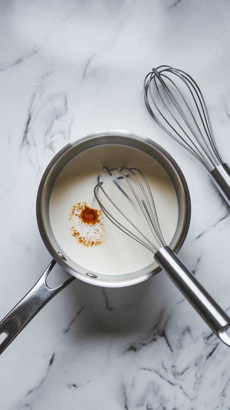 Add the almond milk, coconut milk, maple syrup, vanilla extract, almond extract, and salt to a medium saucepan.