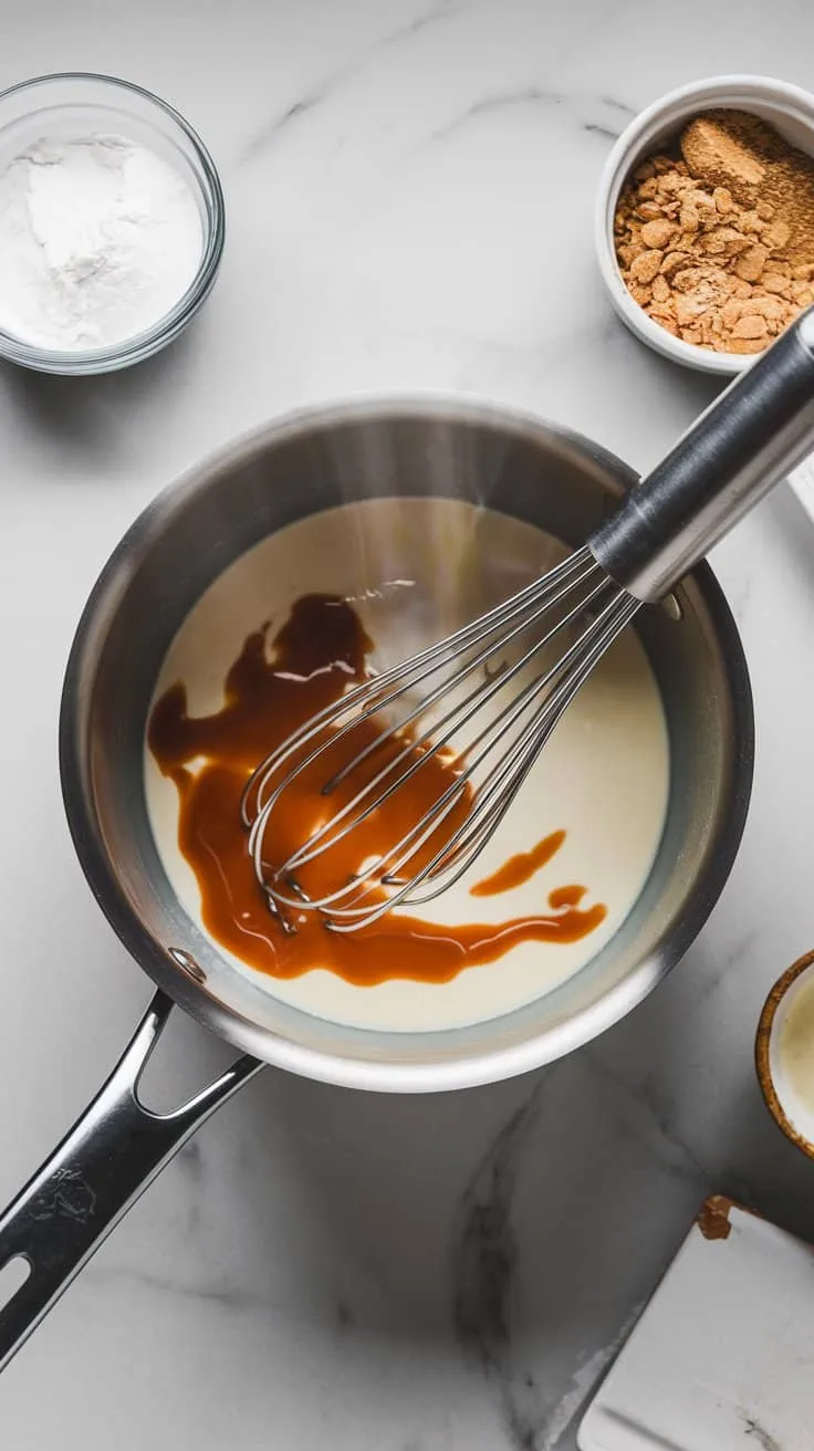 A medium saucepan on a white marble countertop with heavy cream, milk, brown sugar, and toffee sauce being whisked together