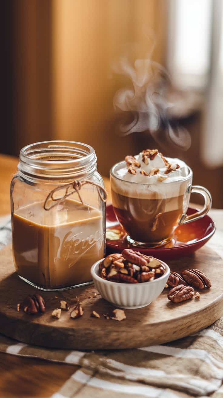 rustic jar of homemade maple pecan creamer 