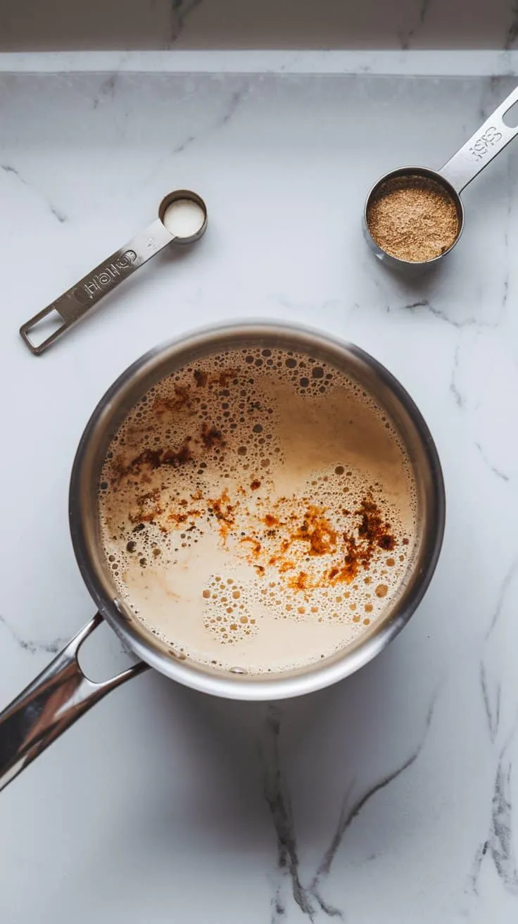 The saucepan with warm toffee nut creamer on a white marble counter, hazelnut and vanilla extracts being poured into it