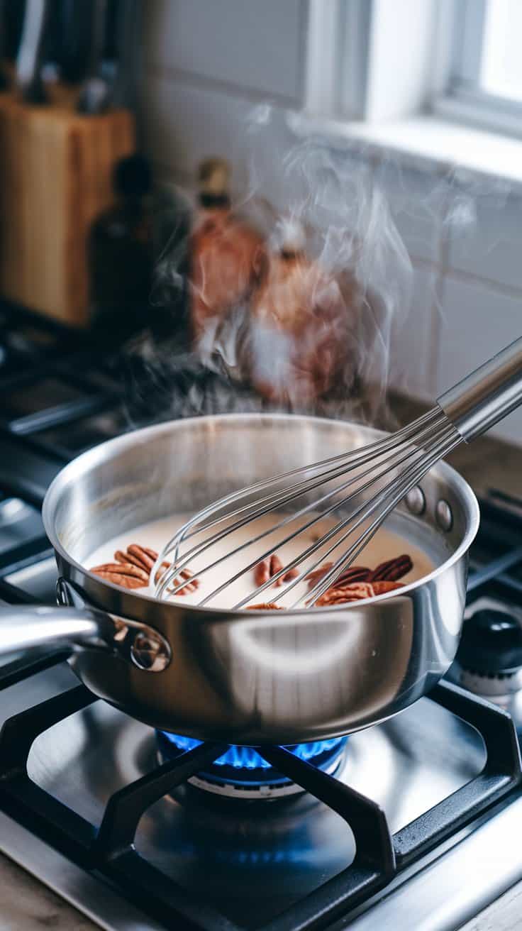A saucepan filled with cream, milk, toasted pecans, and maple syrup being whisked together