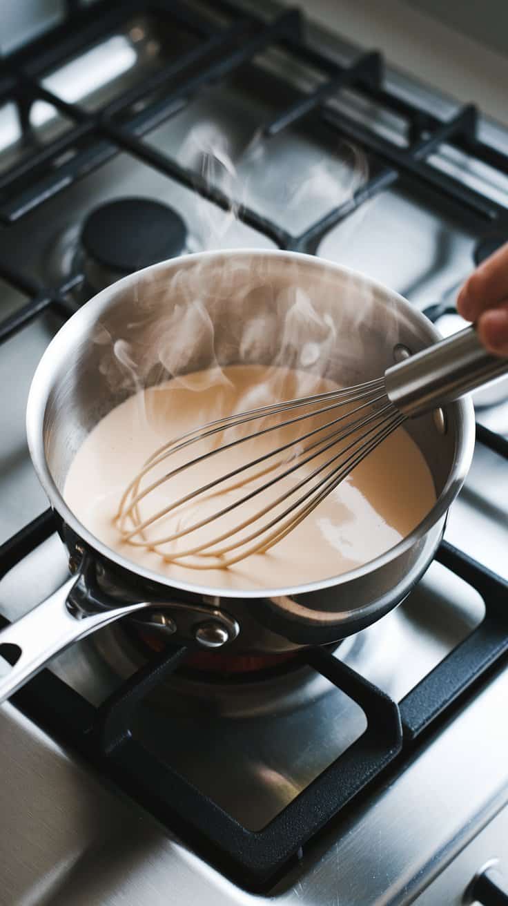 A saucepan on a modern stainless steel gas stove with steaming French Vanilla Almond Creamer inside