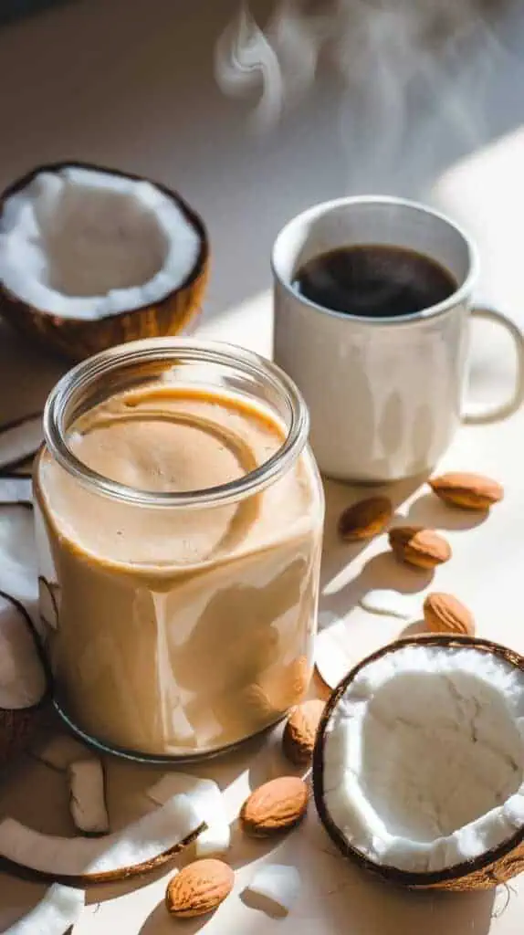 sleek tall glass jar of frothy, liquid, and smooth coconut almond creamer