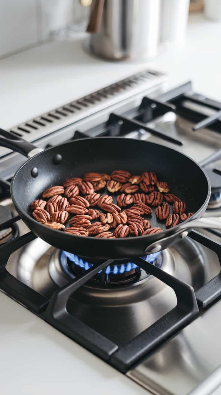 small skillet on a stovetop with pecans being toasted to golden perfection