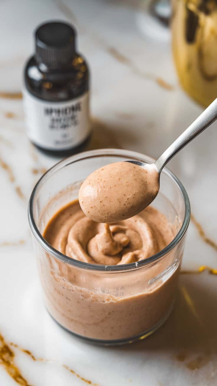 A small spoon dipping into the creamy blender mixture for a taste test