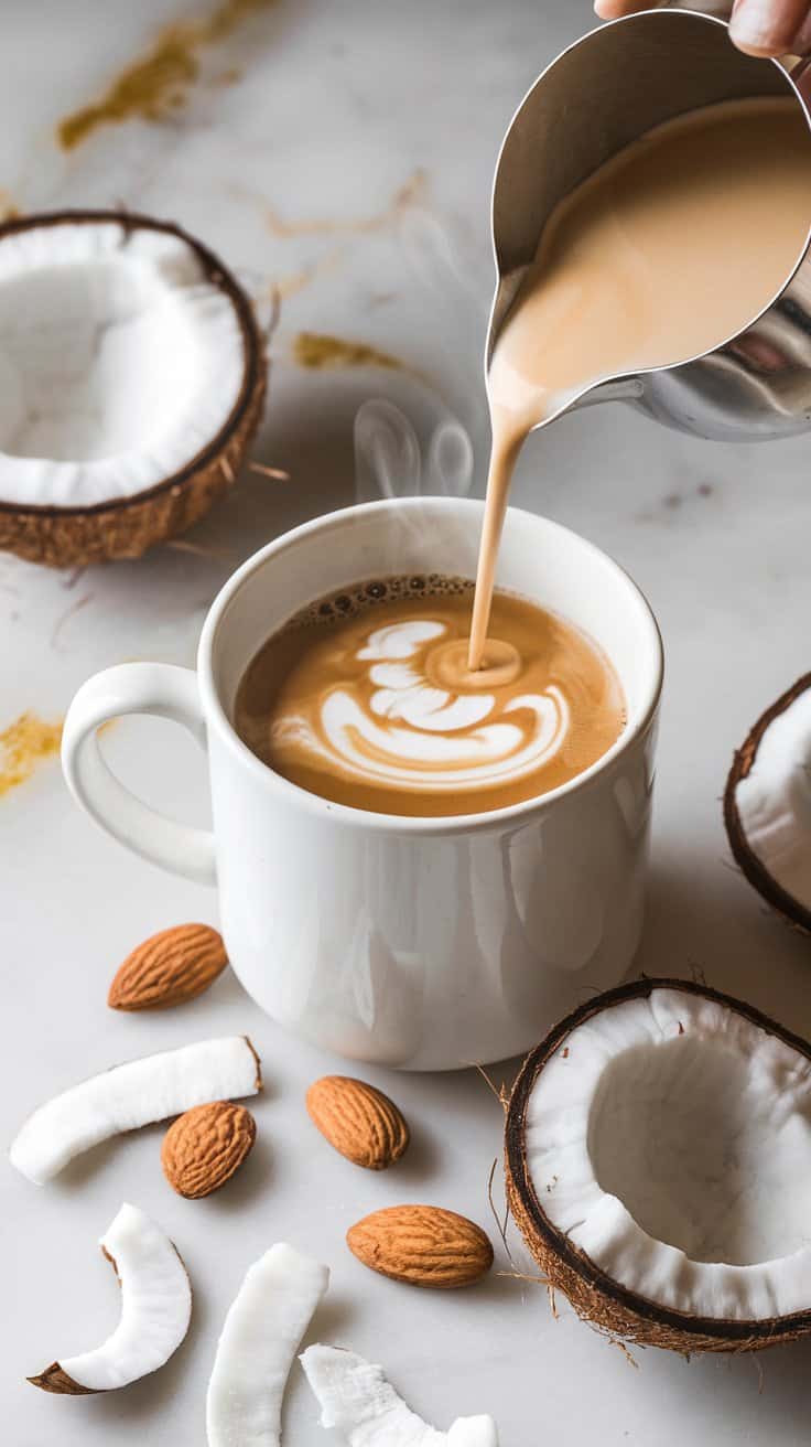 A steaming mug of coffee with a creamy swirl of coconut almond creamer being poured in