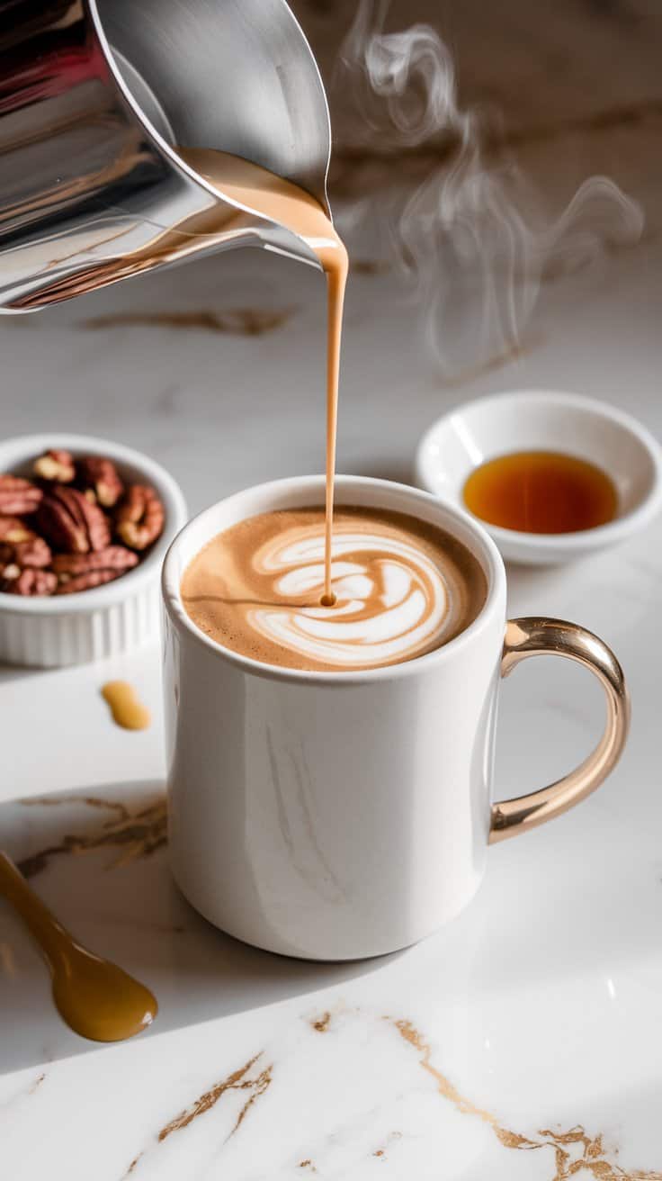 A steaming mug of coffee with liquid and smooth maple pecan creamer being poured in,