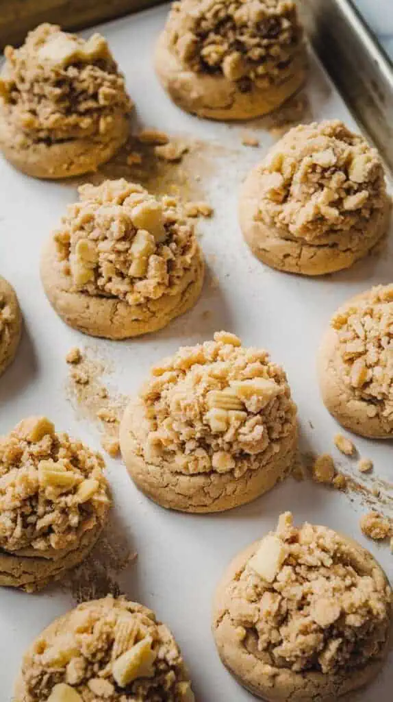 cookie dough scooped and placed on a baking sheet, with an indentation made in the center of each. Streusel is mounded in the center. 