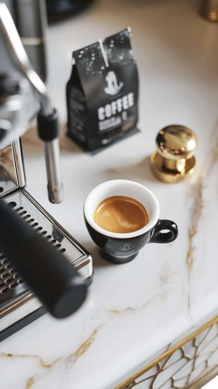 Freshly brewed espresso in a small white cup 