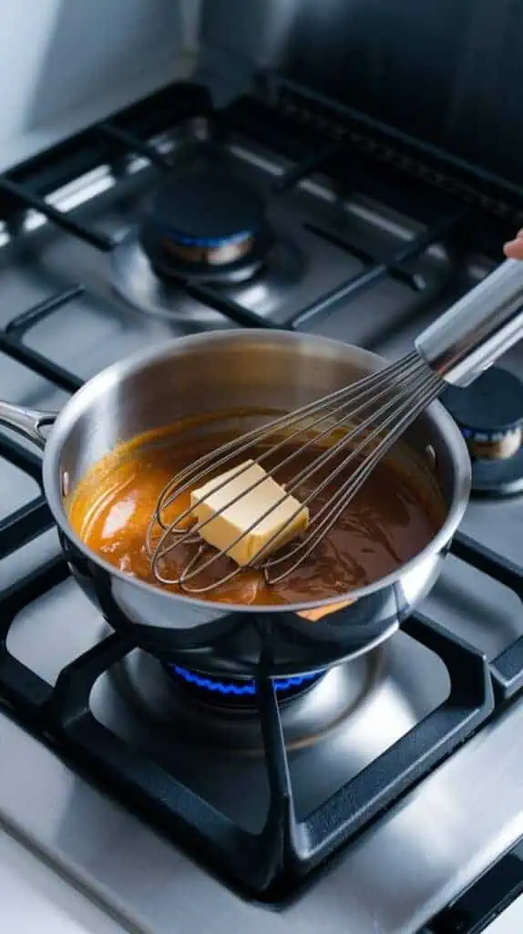 Melted butter being whisked into caramelized sugar in a saucepan