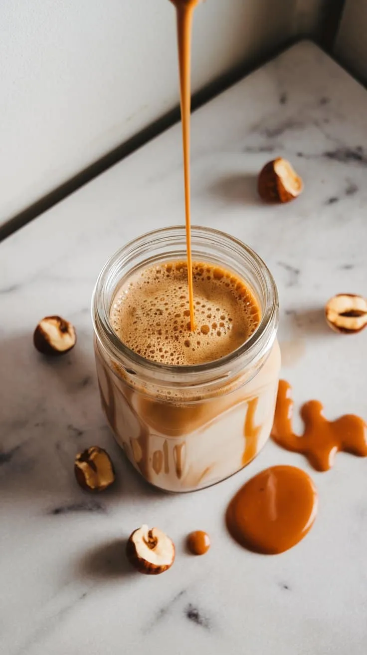 A glass jar being filled with cooled, frothy, liquid toffee nut coffee creamer on a white marble counter