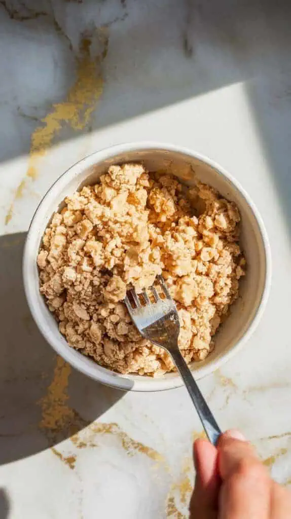 A bowl of streusel topping being mixed with a fork