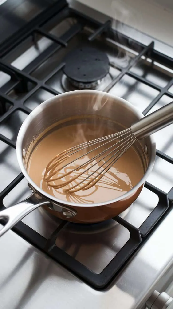 A medium saucepan on a modern stainless steel gas stove with the toffee nut creamer mixture being whisked as it warms