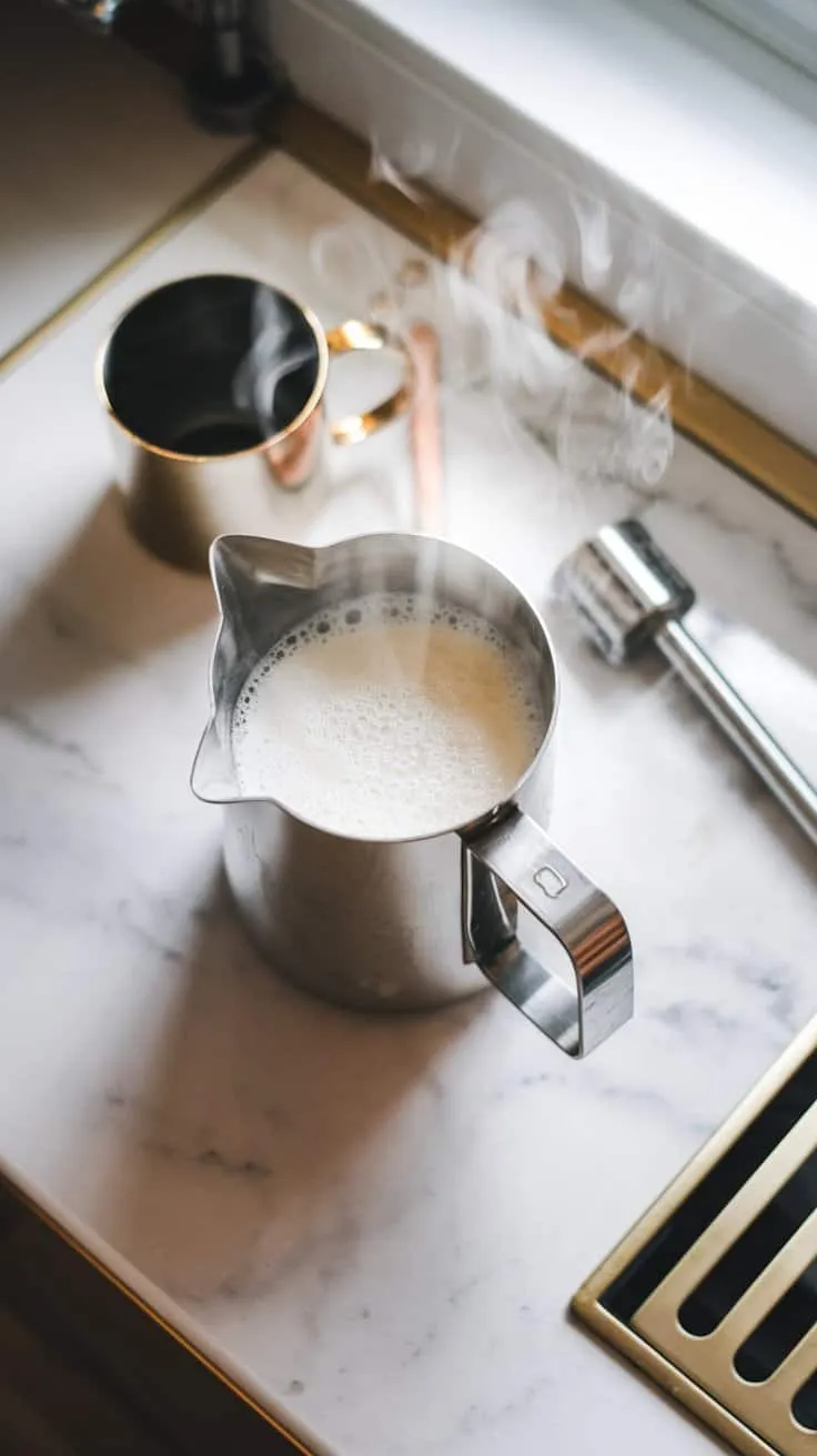 Milk being frothed in a stainless steel pitcher