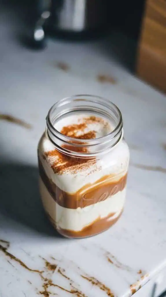 A quart-sized mason jar filled with layers of milk, heavy cream, cinnamon, vanilla, and salted caramel, ready to be mixed