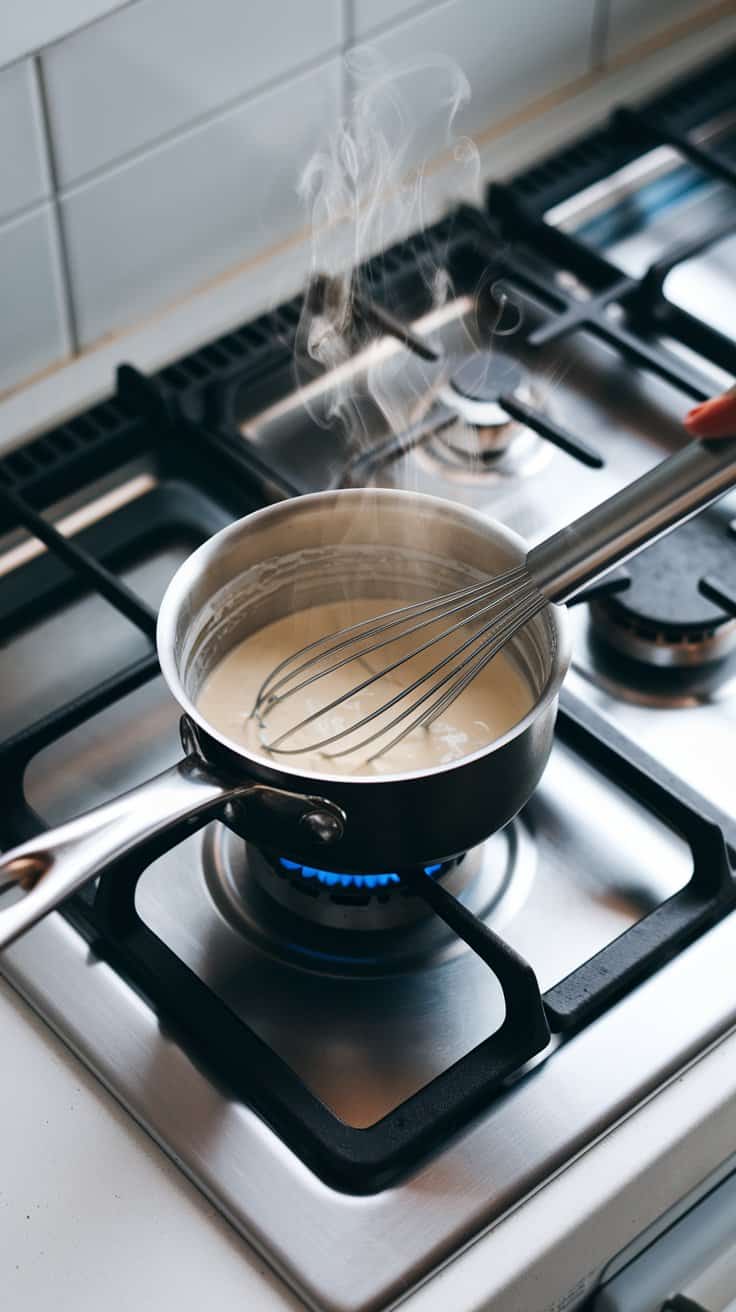 Top-down view of a small saucepan on a modern stainless steel gas stove
