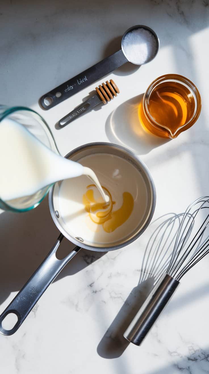 Top-down view of a small saucepan on a white marble counter with almond milk, heavy cream, honey, almond extract, vanilla extract